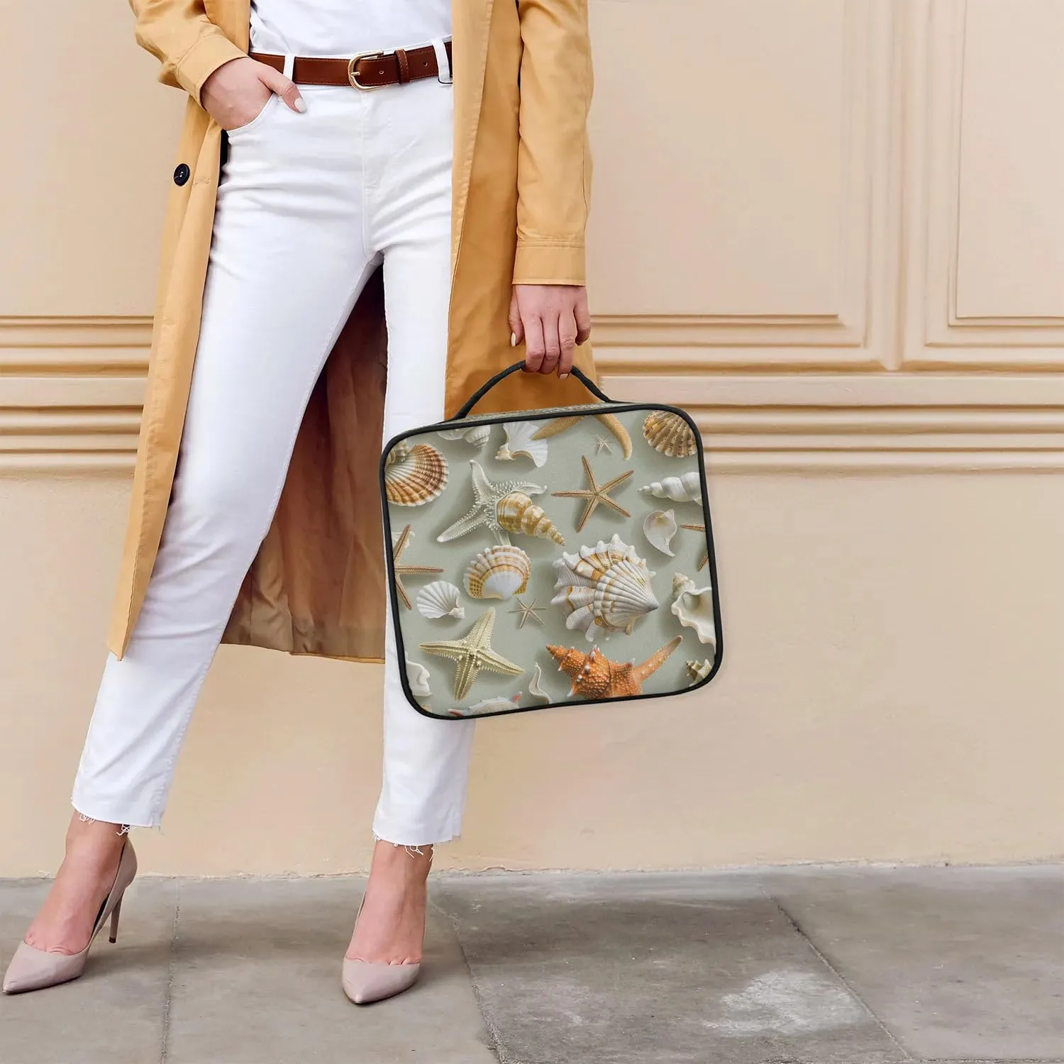 Starfish Travel Makeup Train Case Cosmetic Bag Organizer Portable Tropical Seashells and Scallops Storage Bag with Adjustable Dividers for Cosmetics Makeup Brushes Toiletry Jewelry