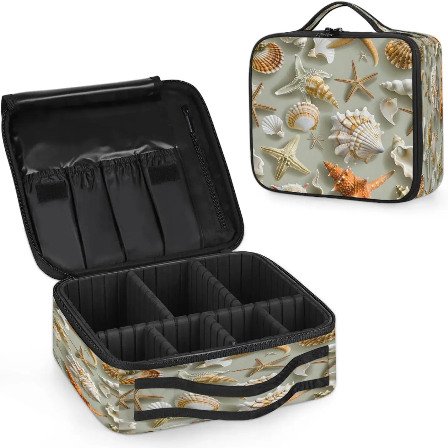 Starfish Travel Makeup Train Case Cosmetic Bag Organizer Portable Tropical Seashells and Scallops Storage Bag with Adjustable Dividers for Cosmetics Makeup Brushes Toiletry Jewelry