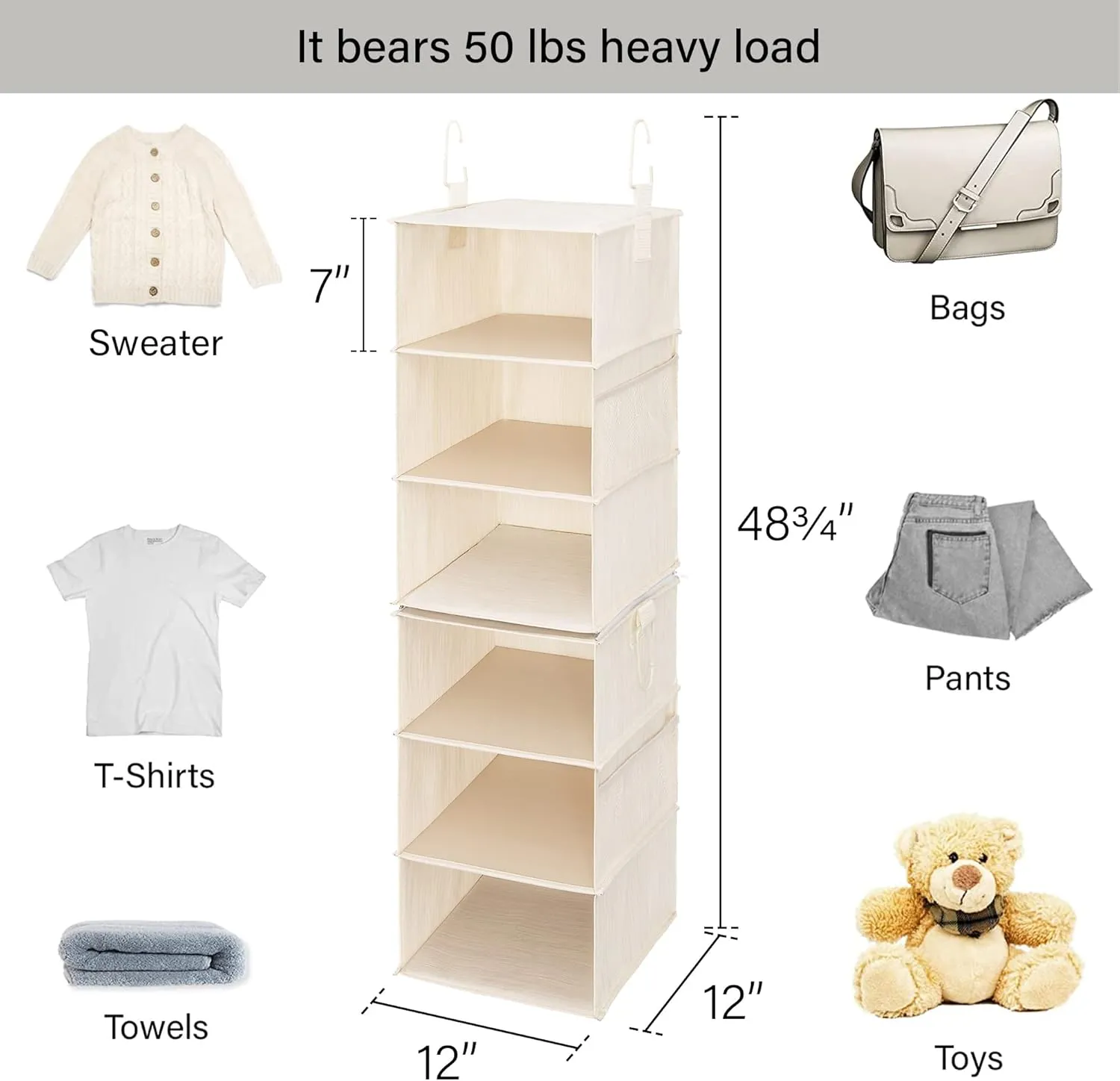StorageWorks 6-Shelf Closet Organizers, Two 3-Shelf Separable Hanging Shelves for Closet, 12" D x 12" W x 48 3⁄4" H, Mixing of Beige, White & Ivory