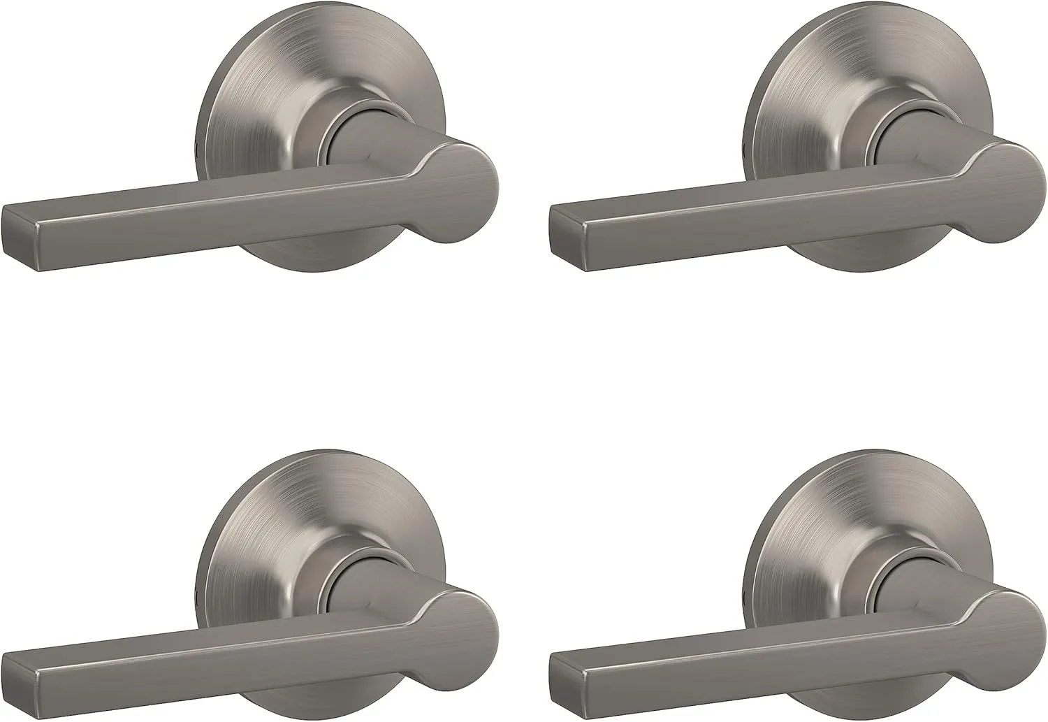Straight Lever with Round Trim Hall and Closet Door Handle, Satin Nickel Finish, 4 Pack