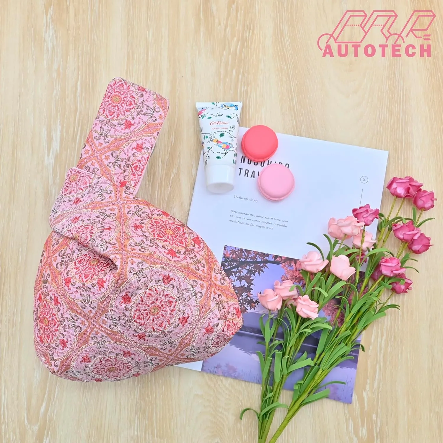 Stylish Cotton Japanese Pattern Wrist Bag Sleeve Knot Pouch Portable Canvas Tote Purse for Female, Women