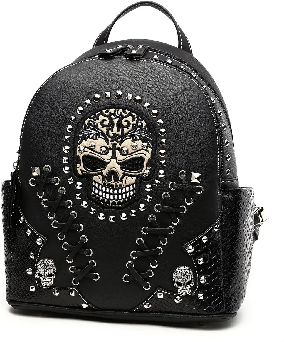 Sugar Skull Punk Art Rivet Studded Biker Purse Women Fashion Backpack Bookbag Python Daypack Shoulder Bag