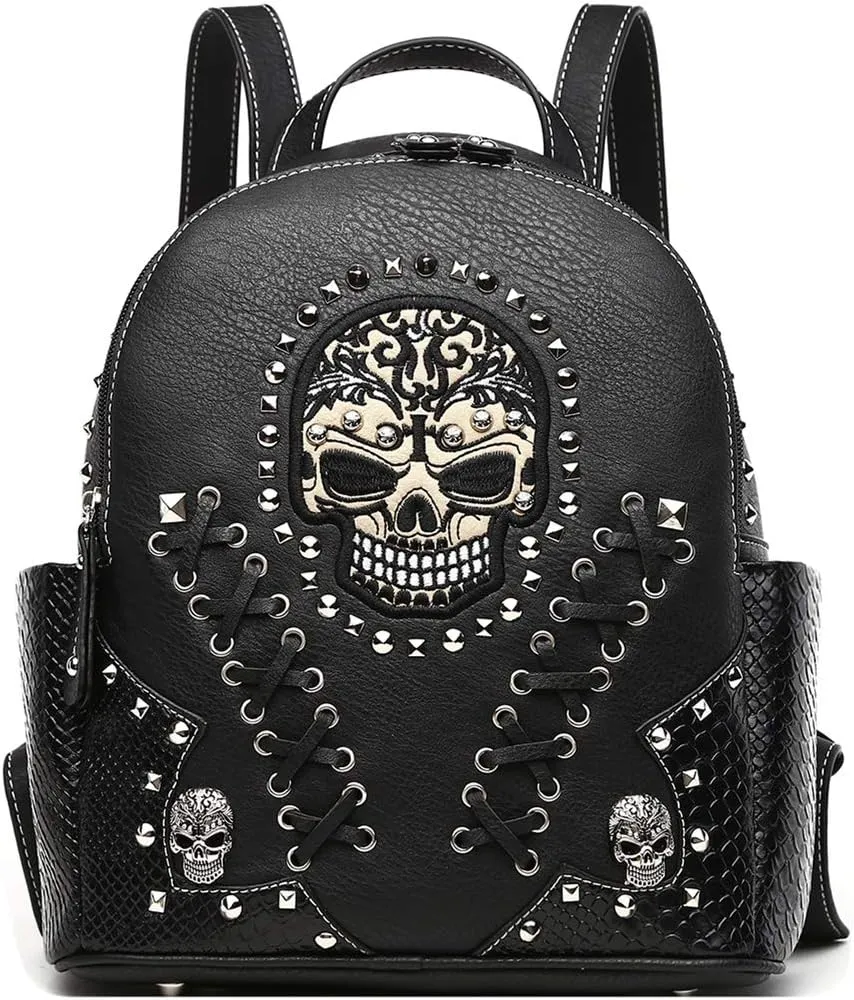 Sugar Skull Punk Art Rivet Studded Biker Purse Women Fashion Backpack Bookbag Python Daypack Shoulder Bag