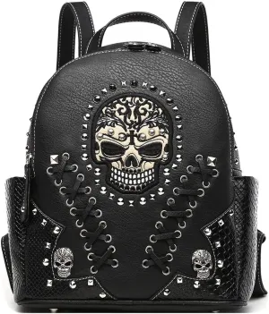 Sugar Skull Punk Art Rivet Studded Biker Purse Women Fashion Backpack Bookbag Python Daypack Shoulder Bag