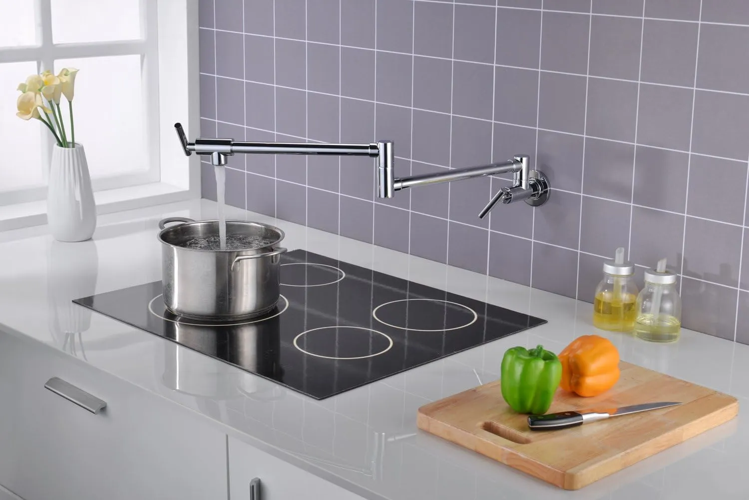 Sumerain Pot Filler Faucet Wall Mounted Stove Pot Filler in Chrome Finish
