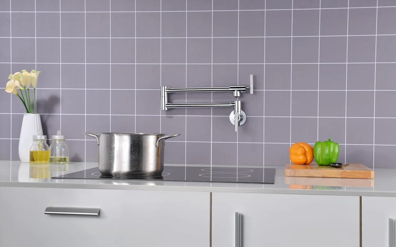 Sumerain Pot Filler Faucet Wall Mounted Stove Pot Filler in Chrome Finish