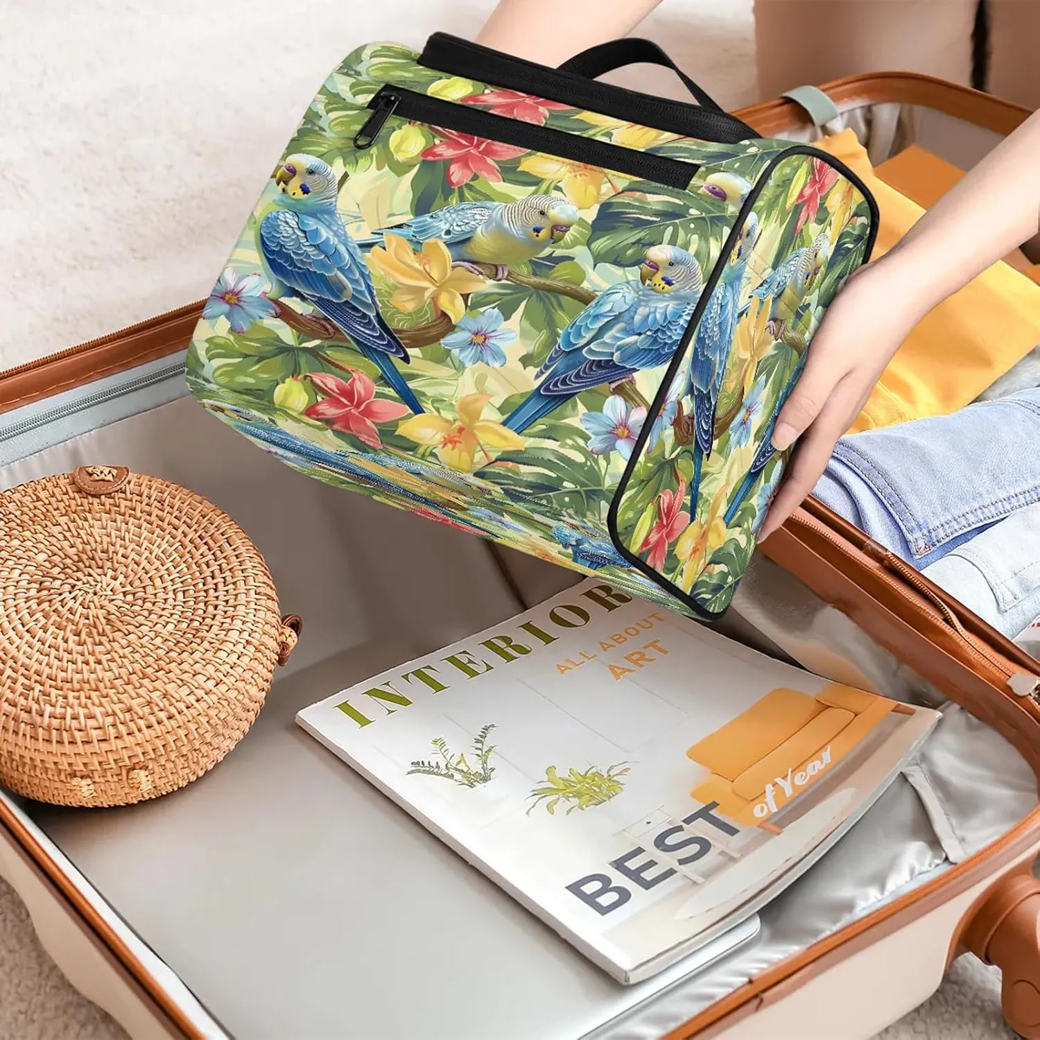 Summer Bird Pineapple Tropical Floral Large Makeup Bag Travel Make Up Organizer for Women Girls Cosmetic Bag Organizer With Handle