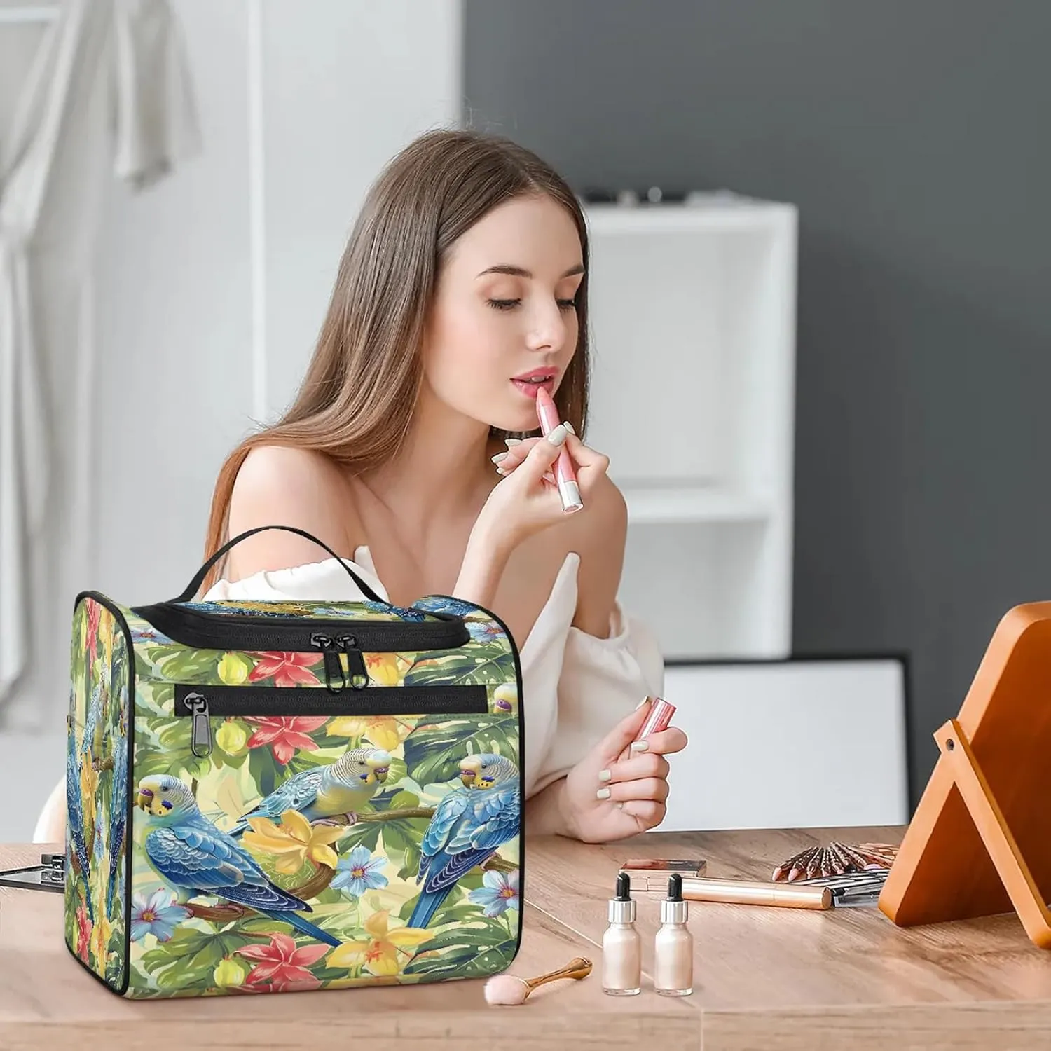 Summer Bird Pineapple Tropical Floral Large Makeup Bag Travel Make Up Organizer for Women Girls Cosmetic Bag Organizer With Handle