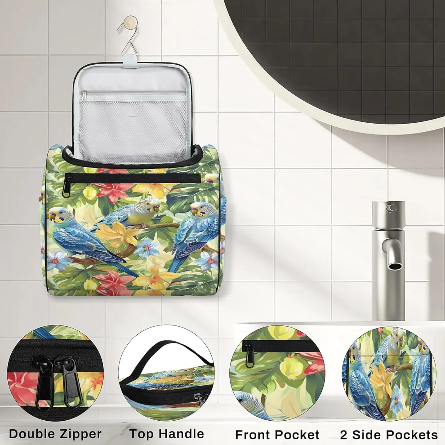 Summer Bird Pineapple Tropical Floral Large Makeup Bag Travel Make Up Organizer for Women Girls Cosmetic Bag Organizer With Handle