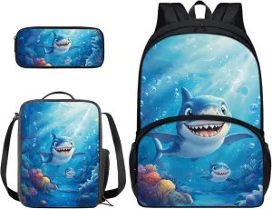 Suobstales Shark Bubble Coral Print Backpack School Bag with Picnic Lunch Box Pen Case Set of 3 Pcs, Kids School Bookbags Casual Daypack for Camping Outdoor Travel Sports