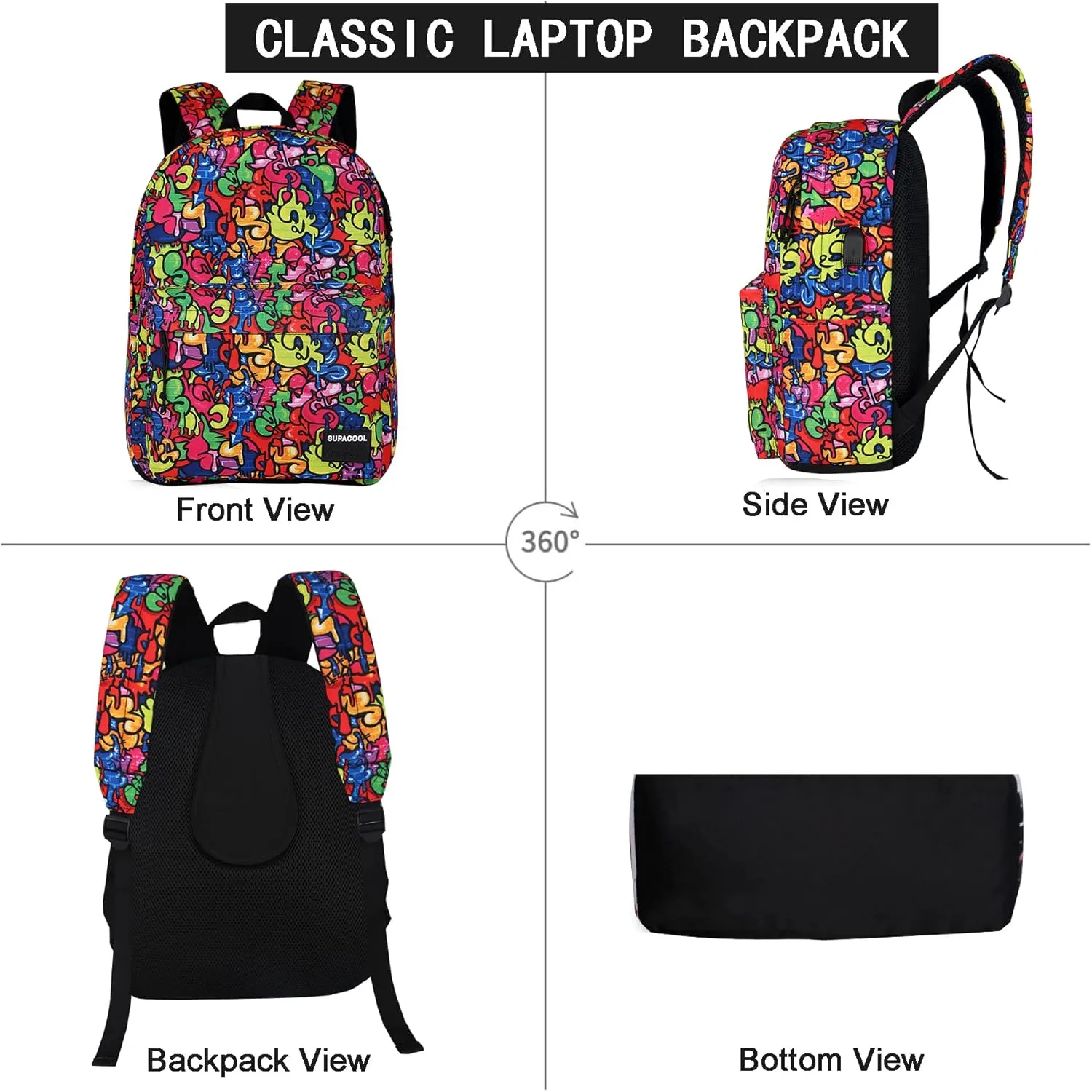 SUPACOOL Casual Laptop Backpack for Men and Women, Backpack for College, USB Charging Port, Lightweight Pack Back(Graffiti)