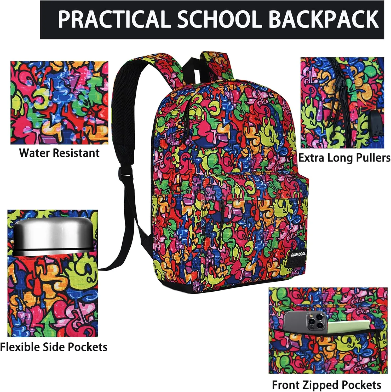 SUPACOOL Casual Laptop Backpack for Men and Women, Backpack for College, USB Charging Port, Lightweight Pack Back(Graffiti)