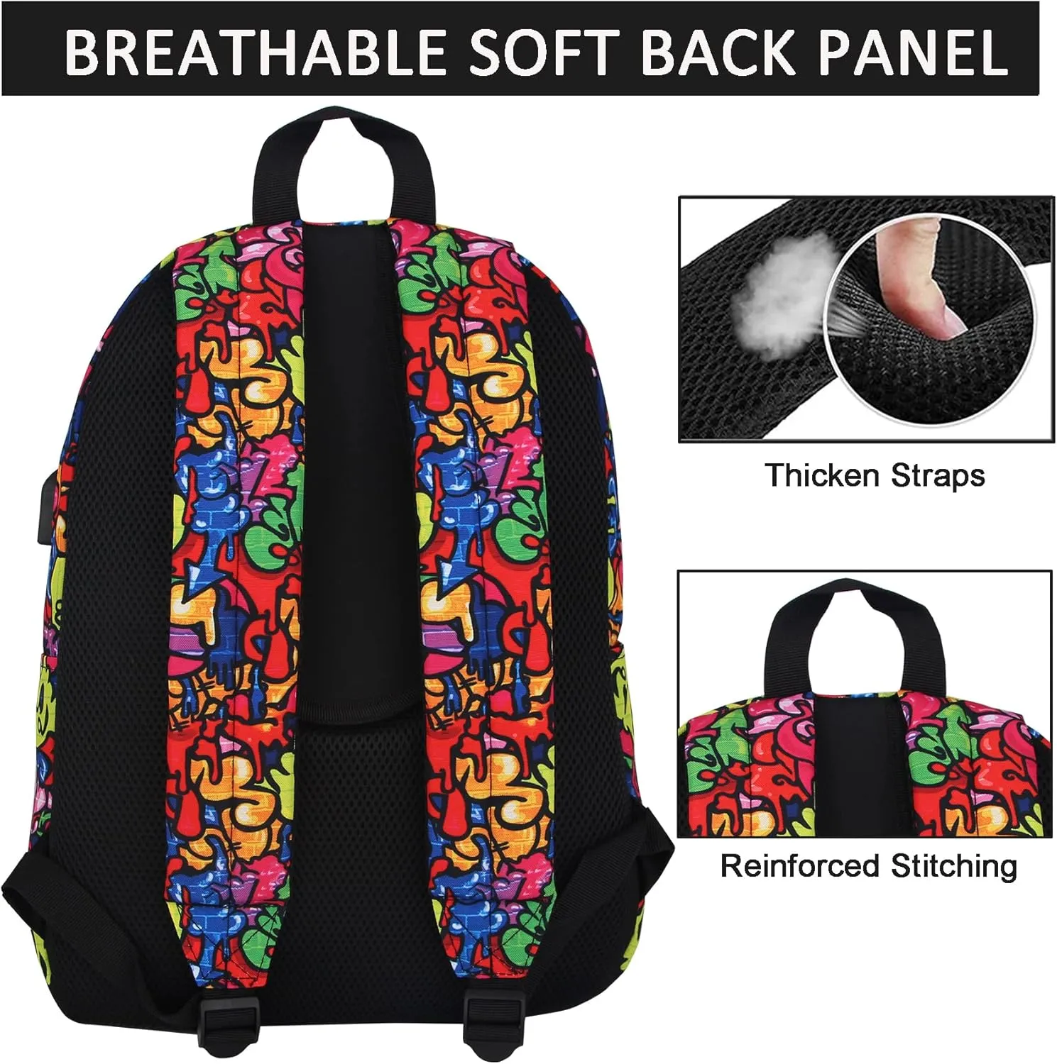 SUPACOOL Casual Laptop Backpack for Men and Women, Backpack for College, USB Charging Port, Lightweight Pack Back(Graffiti)
