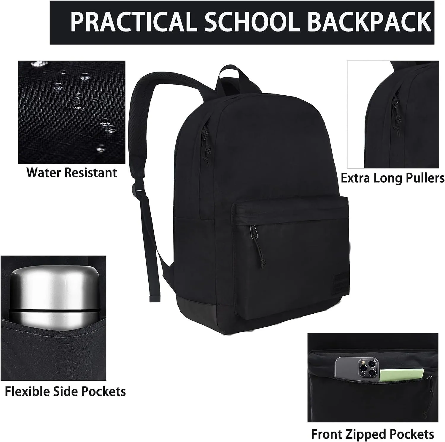 SUPACOOL Casual Laptop Backpack for Men and Women, School Backpack for Boys and Girls, College Bookbag, USB Charging Port, Lightweight Back Pack(Black)