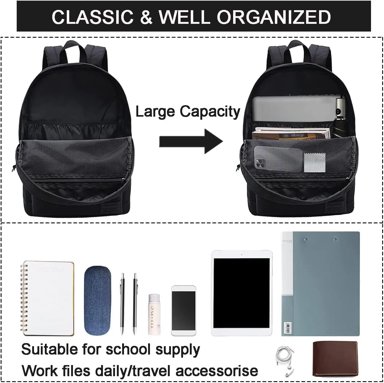 SUPACOOL Casual Laptop Backpack for Men and Women, School Backpack for Boys and Girls, College Bookbag, USB Charging Port, Lightweight Back Pack(Black)