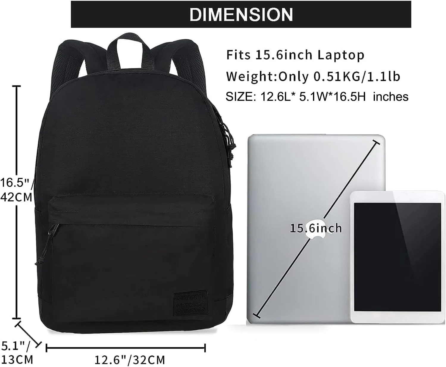 SUPACOOL Casual Laptop Backpack for Men and Women, School Backpack for Boys and Girls, College Bookbag, USB Charging Port, Lightweight Back Pack(Black)