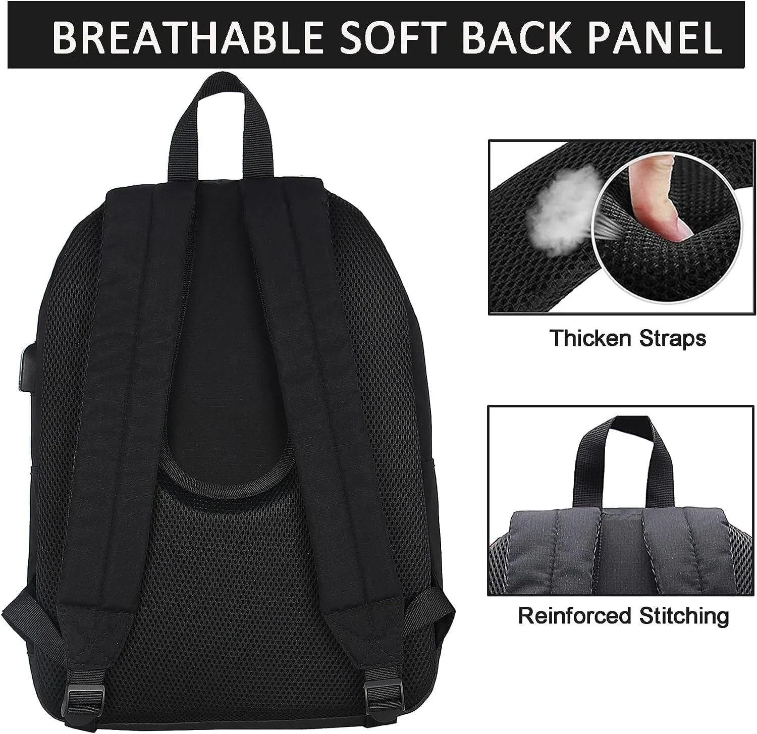 SUPACOOL Casual Laptop Backpack for Men and Women, School Backpack for Boys and Girls, College Bookbag, USB Charging Port, Lightweight Back Pack(Black)