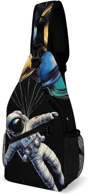 Supdreamc Cute Sling Shoulder Backpack, Backpacking, Space Astronaut With Planets Balloon Art Crossbody Rucksack, Tote Bags, Gym Crossbody Sack Satchel Outdoor Hiking Bag for Man Women Lady
