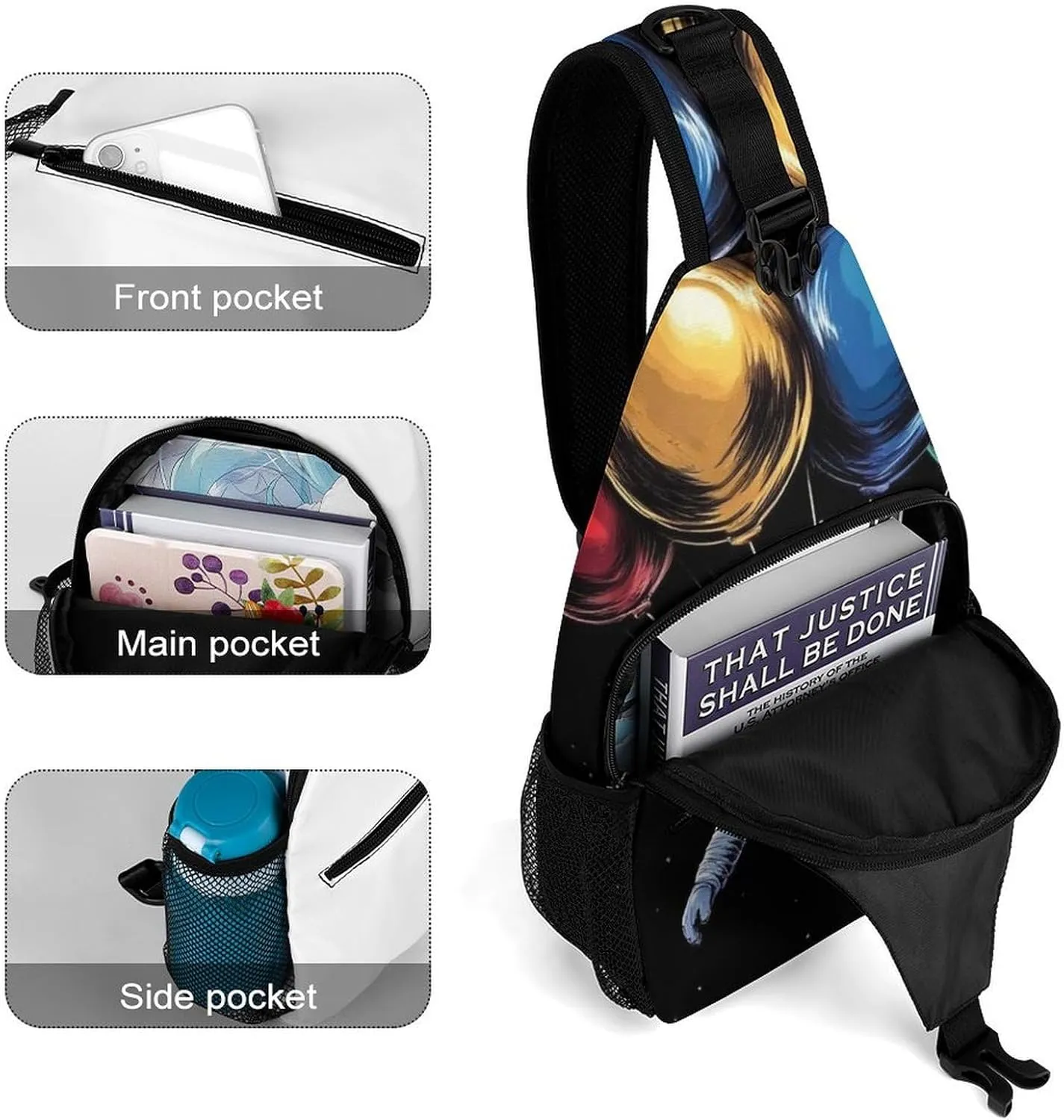 Supdreamc Cute Sling Shoulder Backpack, Backpacking, Space Astronaut With Planets Balloon Art Crossbody Rucksack, Tote Bags, Gym Crossbody Sack Satchel Outdoor Hiking Bag for Man Women Lady