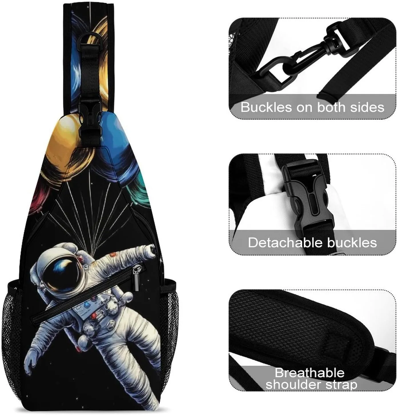 Supdreamc Cute Sling Shoulder Backpack, Backpacking, Space Astronaut With Planets Balloon Art Crossbody Rucksack, Tote Bags, Gym Crossbody Sack Satchel Outdoor Hiking Bag for Man Women Lady