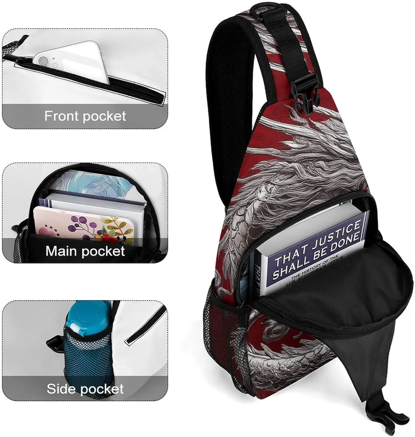 Supdreamc Men & Women Outdoor Sport Daypack Travel Bag, Chinese Dragon Art Red Sling Backpack Rucksack for Travel Hiking - Small Tool Backpack Bag Rucksack