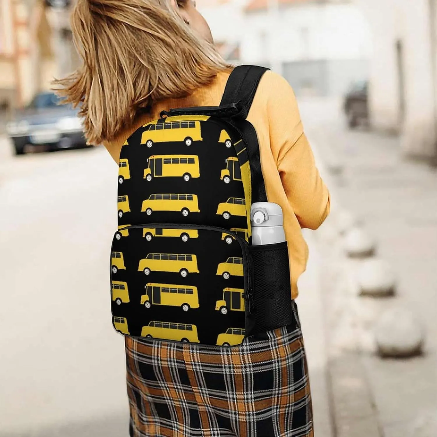 Supdreamc Polyester Daypack Backpack for Sports Travel Running - Big Capacity Anti-Theft Multipurpose Carry On Bag, Black Yellow Bus Laptop Book Bag Rucksack