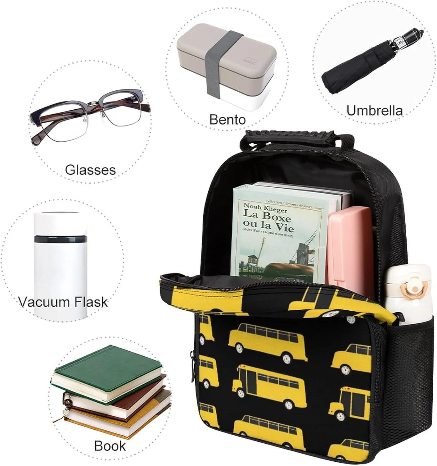 Supdreamc Polyester Daypack Backpack for Sports Travel Running - Big Capacity Anti-Theft Multipurpose Carry On Bag, Black Yellow Bus Laptop Book Bag Rucksack