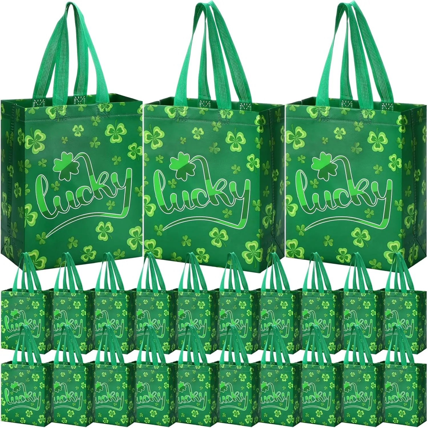 Supervitae 24 Pack St Patrick's Day Gift Bags Bulk Medium Irish Shamrock Party Favor Bags Reusable Totes Non Woven Goodie Totes for St Patrick's Party Favors Birthday Supplies(9.8" x 7.9" x 3.9")
