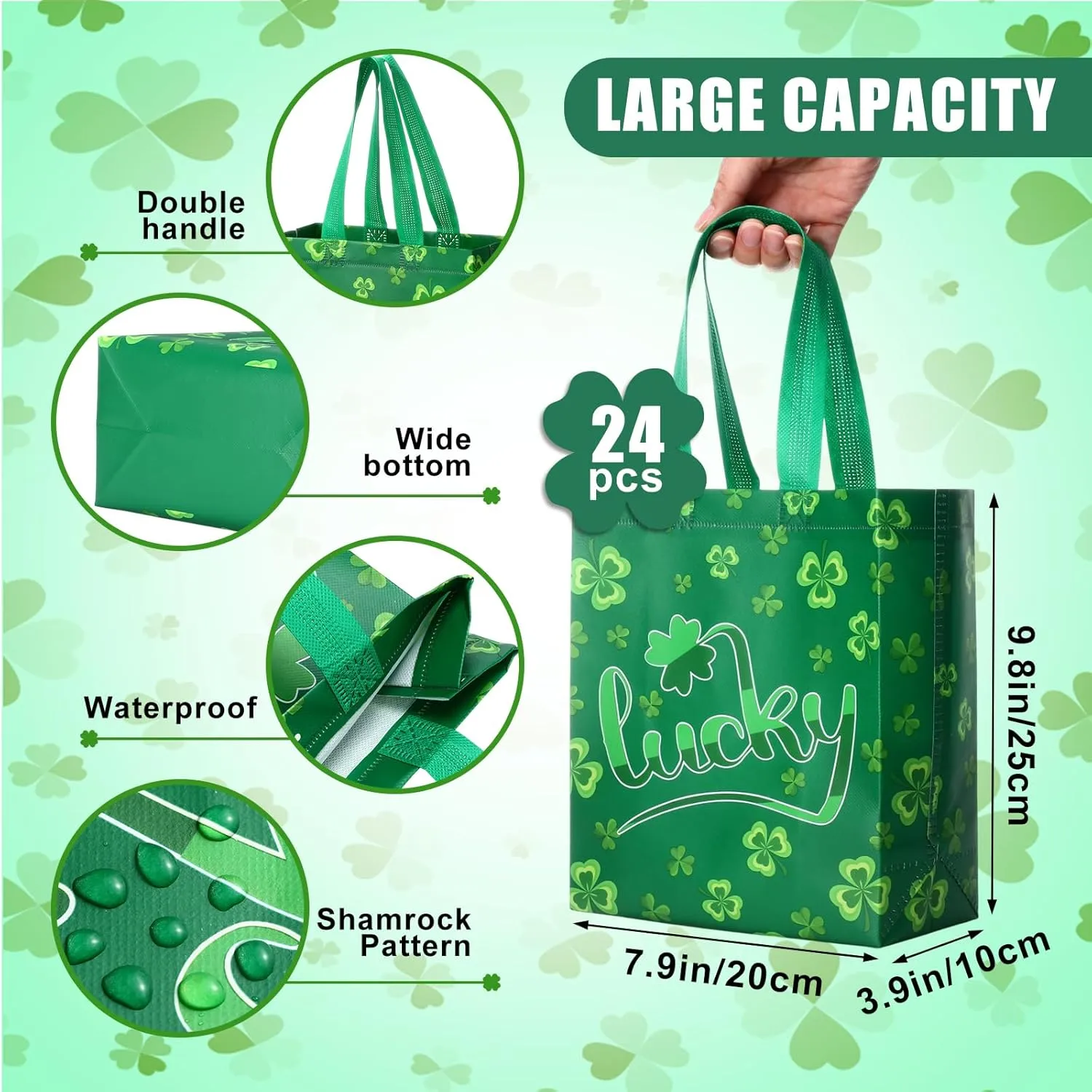 Supervitae 24 Pack St Patrick's Day Gift Bags Bulk Medium Irish Shamrock Party Favor Bags Reusable Totes Non Woven Goodie Totes for St Patrick's Party Favors Birthday Supplies(9.8" x 7.9" x 3.9")