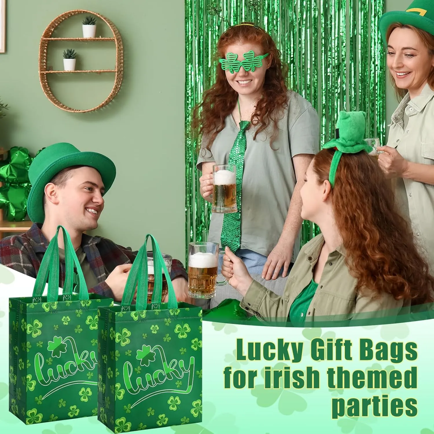 Supervitae 24 Pack St Patrick's Day Gift Bags Bulk Medium Irish Shamrock Party Favor Bags Reusable Totes Non Woven Goodie Totes for St Patrick's Party Favors Birthday Supplies(9.8" x 7.9" x 3.9")