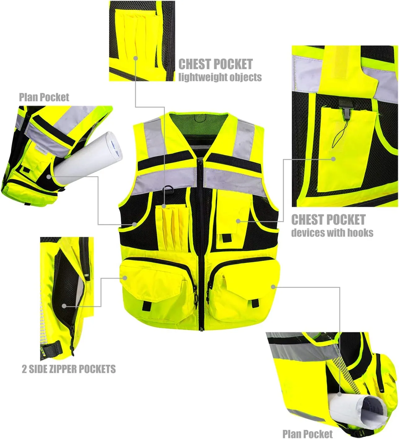SUXIBIP 10 Pockets Safety Vest for Men and Women, High Visibility vest with 3M Reflective Strips, Oxford Fabric