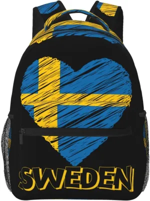 Swedish Sweden Flag Heart Backpack Casual Pack Bag Laptop Backpack With Side Pocket Front Zipper Pocket Bookpack Travel Daypack Picnic Rucksack