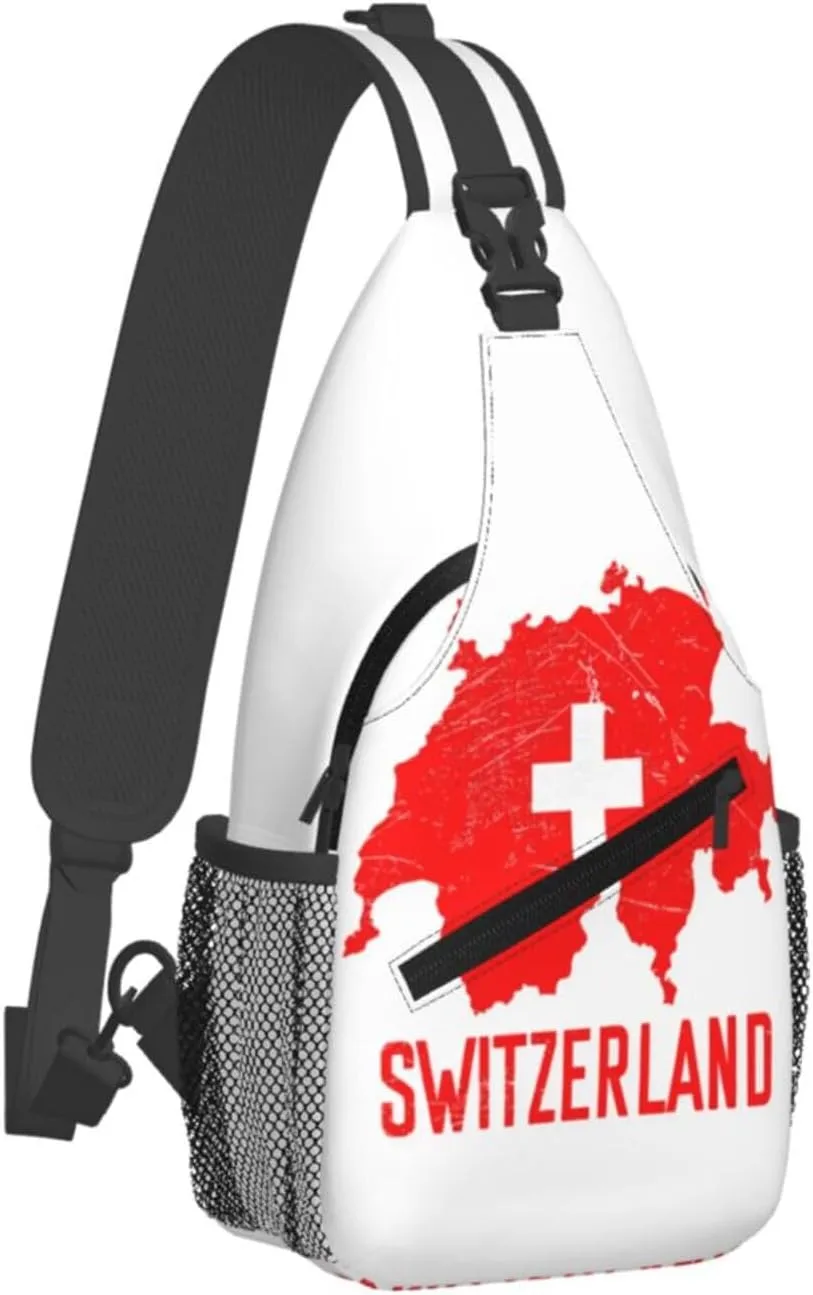 Switzerland Swiss Flag Map Crossbody Bags Sling Backpack Cross Chest Bag Sports Shoulder Bag Gym Fanny Pack Adjustable Cycling Daypack Diagonally Rucksack for Running