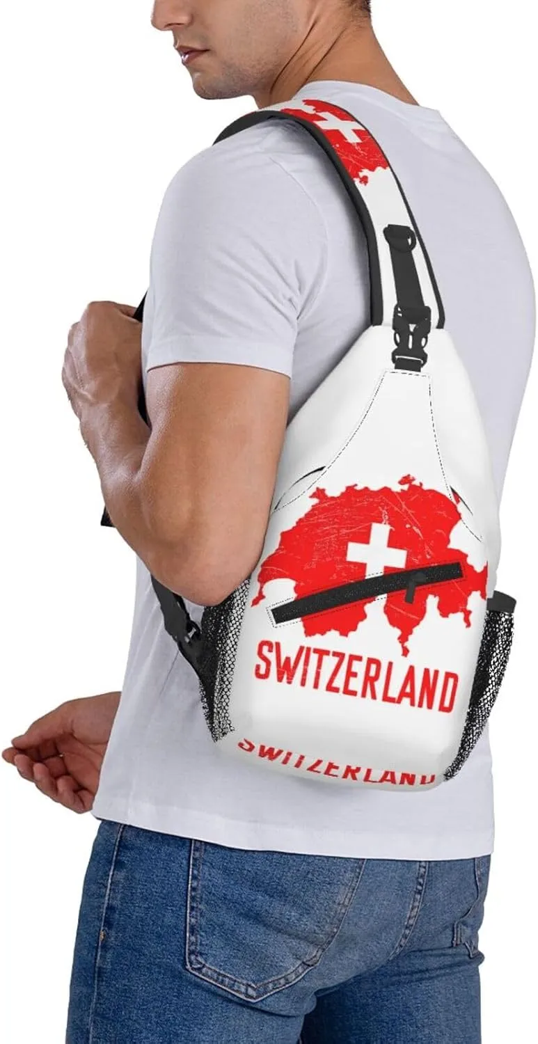 Switzerland Swiss Flag Map Crossbody Bags Sling Backpack Cross Chest Bag Sports Shoulder Bag Gym Fanny Pack Adjustable Cycling Daypack Diagonally Rucksack for Running