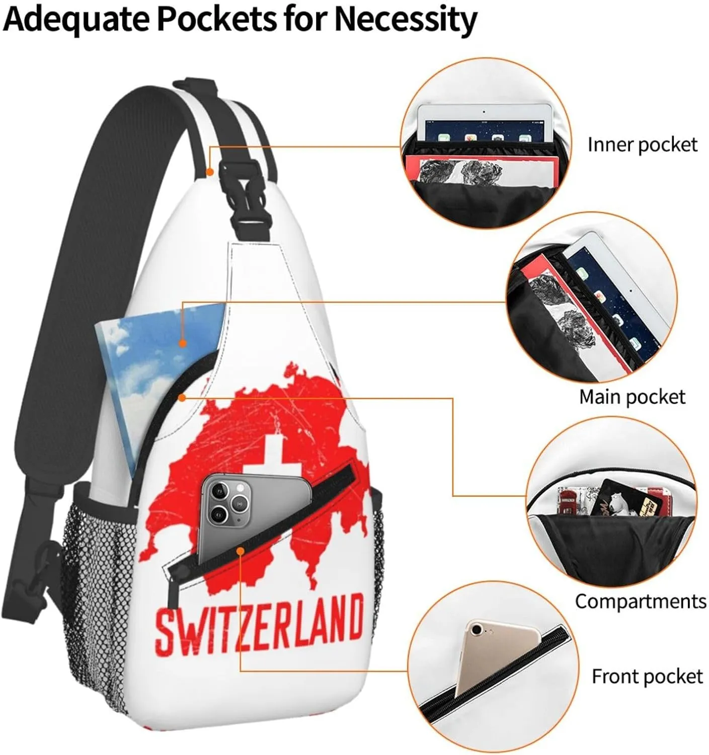Switzerland Swiss Flag Map Crossbody Bags Sling Backpack Cross Chest Bag Sports Shoulder Bag Gym Fanny Pack Adjustable Cycling Daypack Diagonally Rucksack for Running
