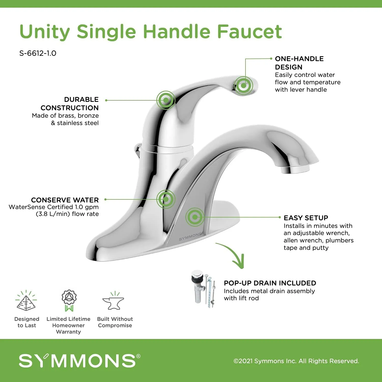 Symmons S-6612-1.0 Unity Centerset Single-Handle Bathroom Faucet in Polished Chrome (1.0 GPM)