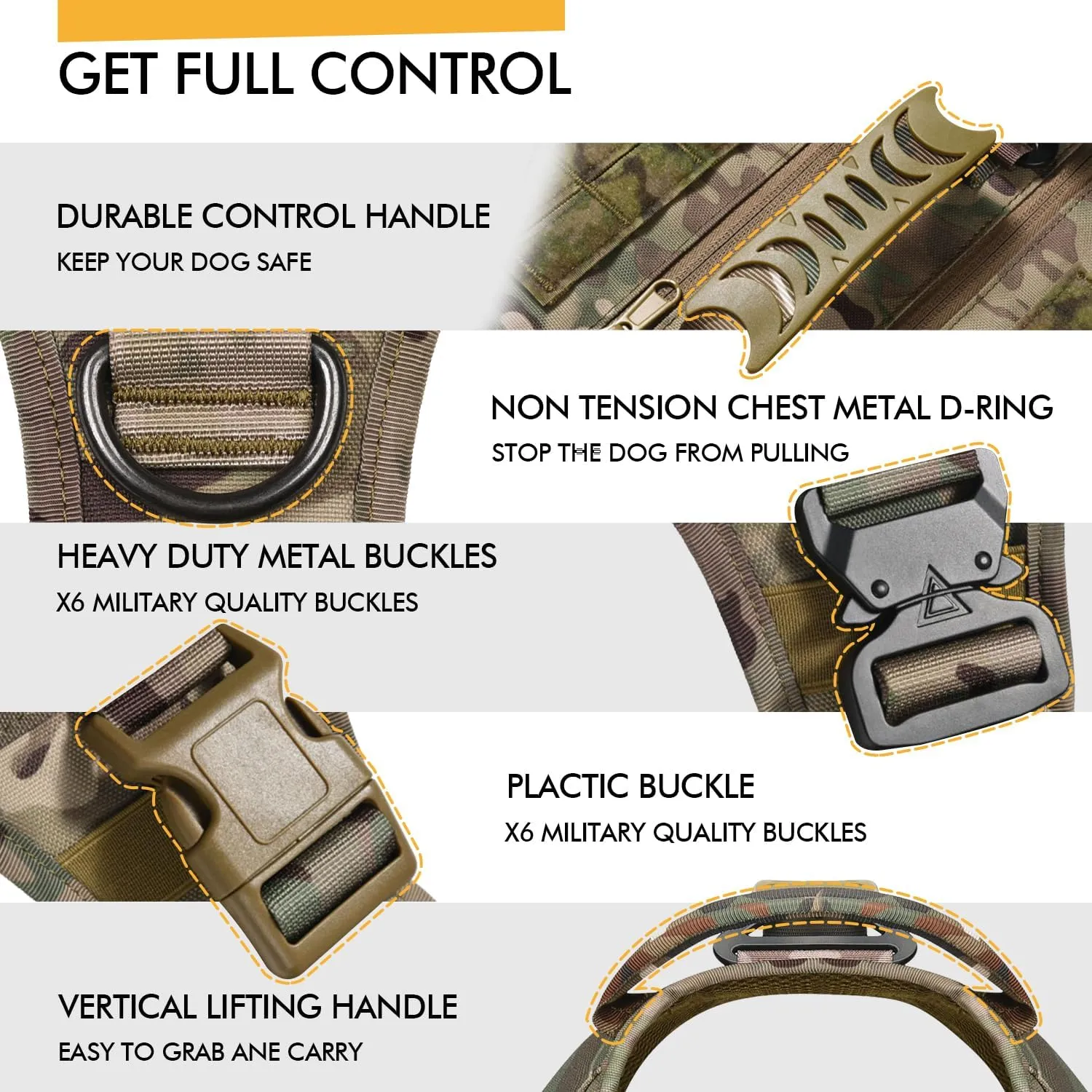 Tactical Dog Backpack Harness for Large Breed Original Design Metal Buckle Vest with Side Bags Pouches for Service Working Training (Camouflage (Vest only), L)