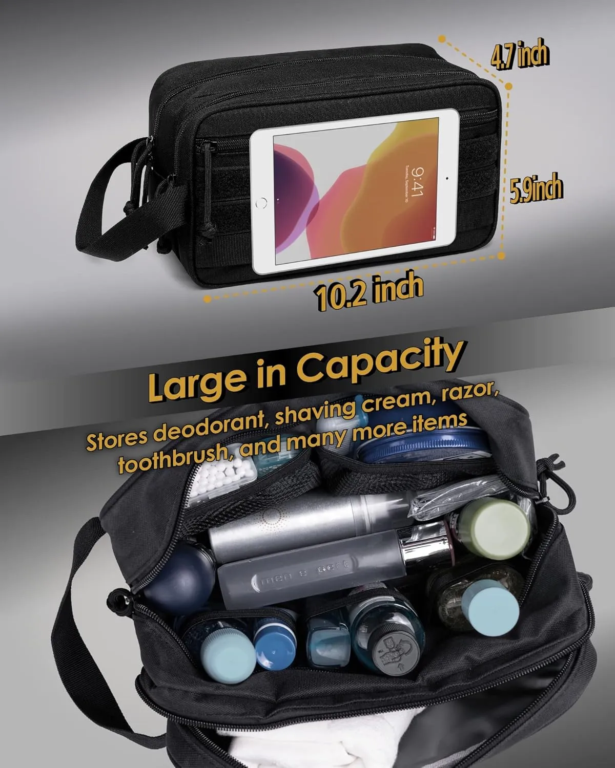 TACTICISM Toiletry Bag for Men - Dry Wet Separate Travel Toiletry Bag, Tactical Molle Dopp Kit for Men with Large Capacity, Water-Resistant Shaving Bag for Adult Women for Travel, Black