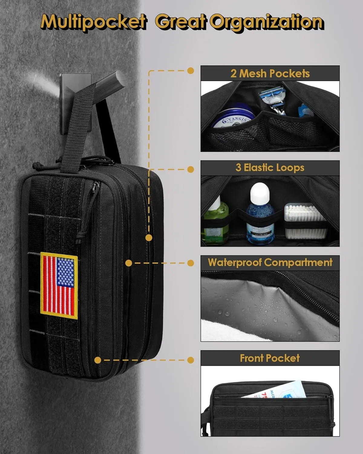 TACTICISM Toiletry Bag for Men - Dry Wet Separate Travel Toiletry Bag, Tactical Molle Dopp Kit for Men with Large Capacity, Water-Resistant Shaving Bag for Adult Women for Travel, Black