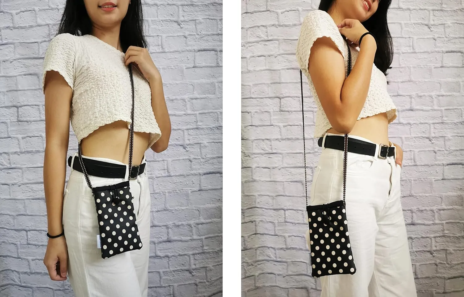 Tainada Small Crossbody Smartphone Pouch, Shockproof Cross Body Shoulder Wallet Travel Bag for iPhone 16/15 Pro, 13 mini; Samsung Galaxy S24 , A54; Moto G Power (Black White Polka Dots)