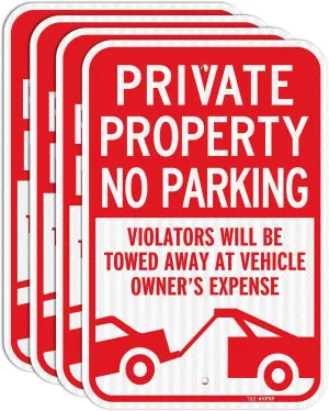 T&R (4 Pack) Large Private Property No Parking Sign, Violators Will Be Towed Away at Vehicle Owner's Expense Sign, 18" x 12" Engineer Grade Reflective Sheeting, Rust Free Aluminum, Waterproof, Fade Resistant, 2 Pre-drilled Holes