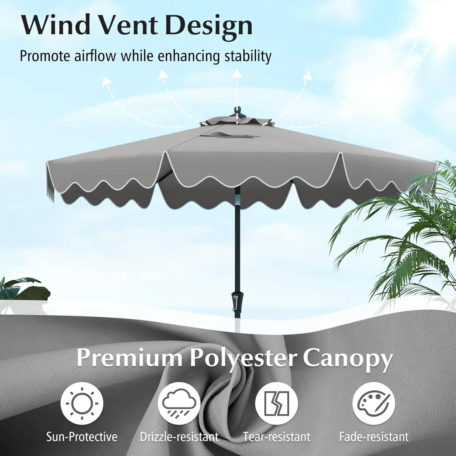 Tangkula 9 FT Patio Umbrella w/ Crank Handle, Push Button Tilt, Ruffled Edges, 2-Tier Market Table Umbrella w/ Sun-Protective Canopy, 8 Ribs, Outdoor Heavy-Duty Sun Umbrella for Patio Garden Pool (Gray)