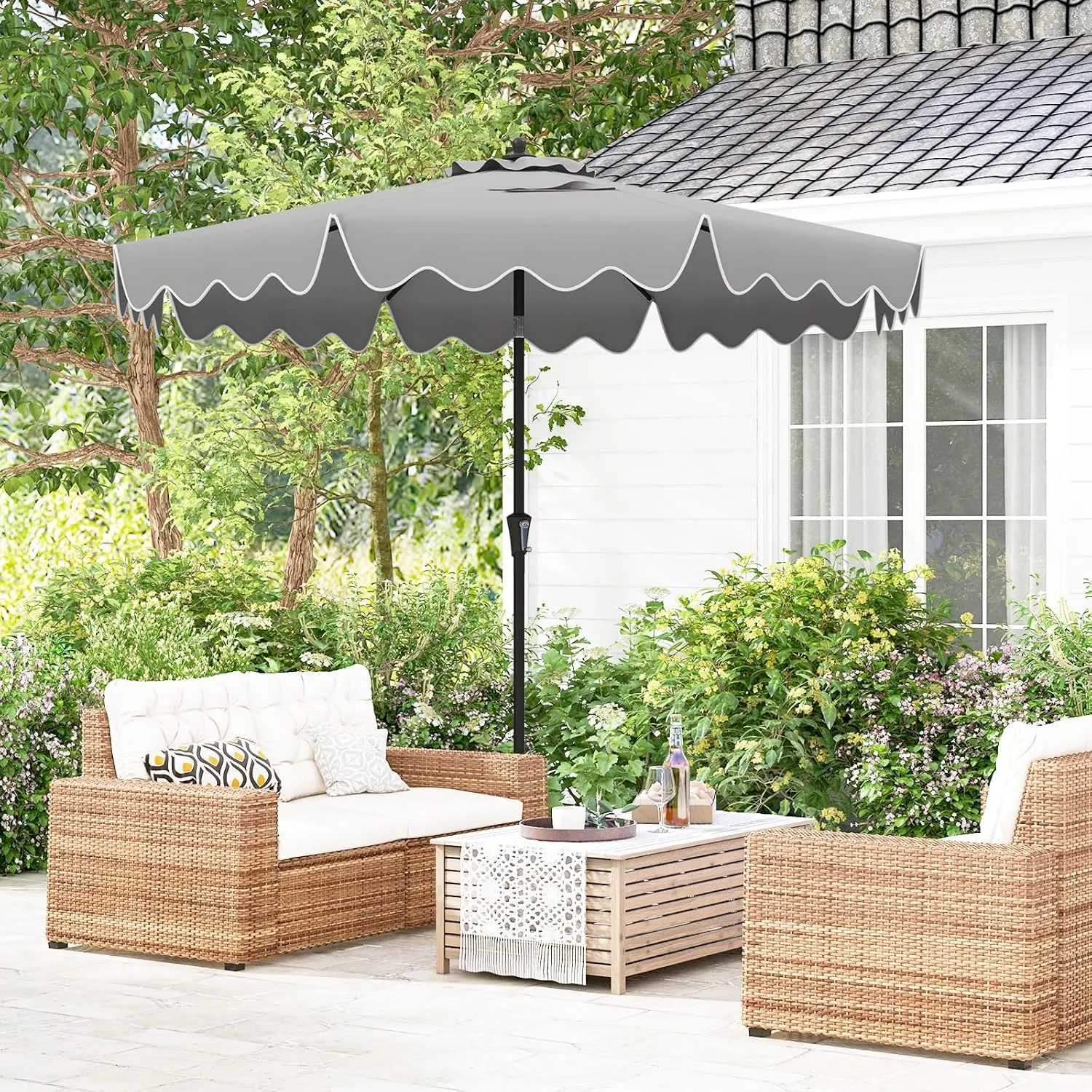 Tangkula 9 FT Patio Umbrella w/ Crank Handle, Push Button Tilt, Ruffled Edges, 2-Tier Market Table Umbrella w/ Sun-Protective Canopy, 8 Ribs, Outdoor Heavy-Duty Sun Umbrella for Patio Garden Pool (Gray)