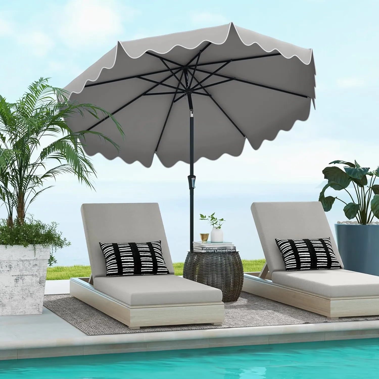Tangkula 9 FT Patio Umbrella w/ Crank Handle, Push Button Tilt, Ruffled Edges, 2-Tier Market Table Umbrella w/ Sun-Protective Canopy, 8 Ribs, Outdoor Heavy-Duty Sun Umbrella for Patio Garden Pool (Gray)