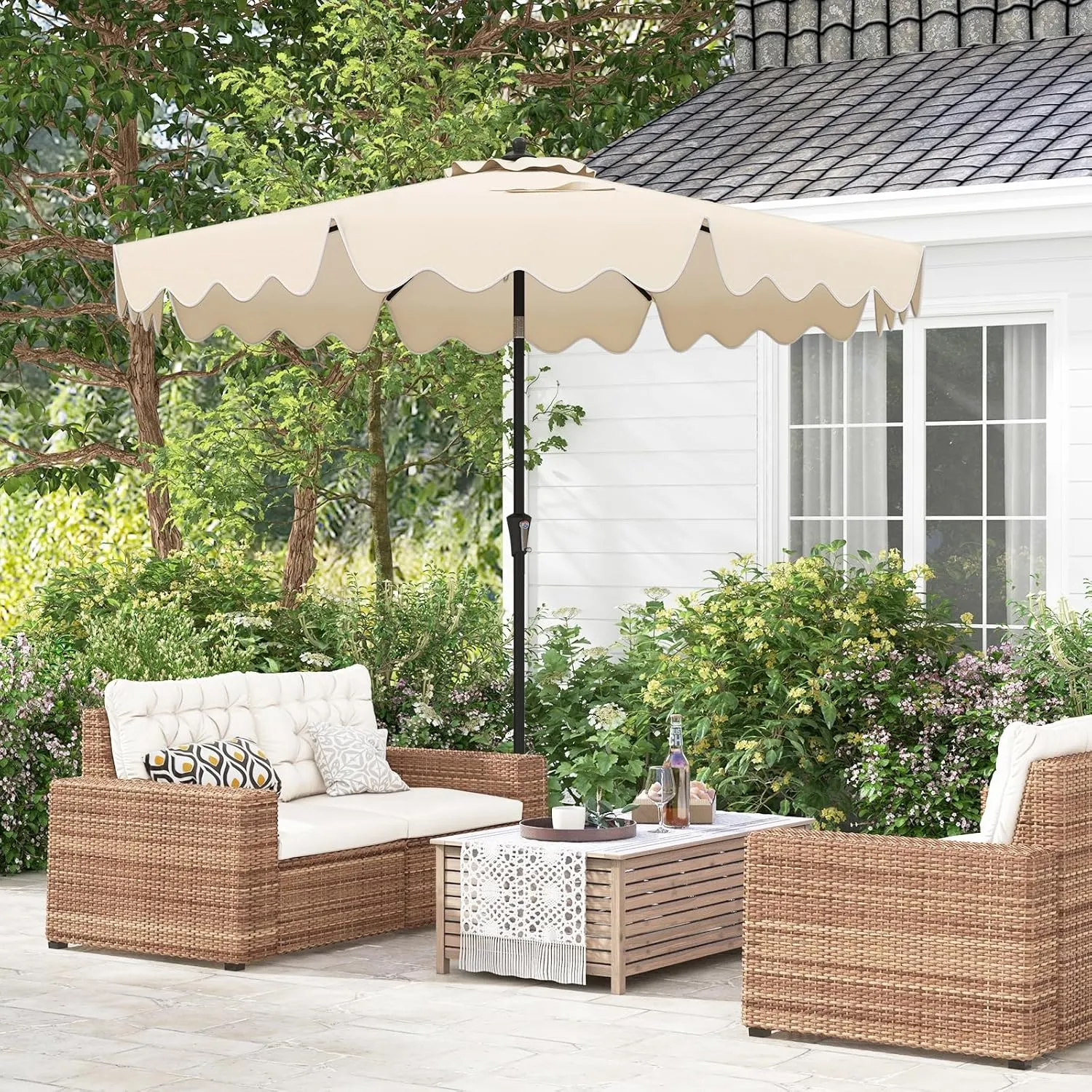 Tangkula 9Ft Patio Umbrella with Crank, 2-Tier Outdoor Umbrella with Push Button Tilt, Sun-Protective Canopy, 8 Ribs, Scalloped Patio Umbrella for Outdoor Beach Deck Pool Table (Beige)