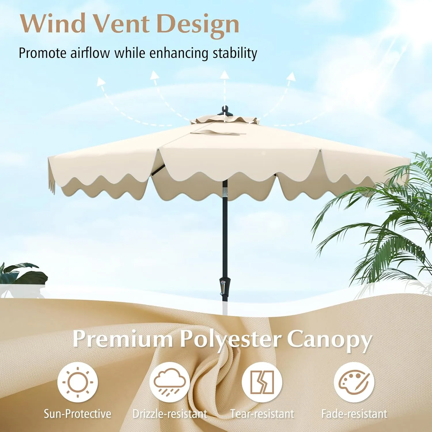 Tangkula 9Ft Patio Umbrella with Crank, 2-Tier Outdoor Umbrella with Push Button Tilt, Sun-Protective Canopy, 8 Ribs, Scalloped Patio Umbrella for Outdoor Beach Deck Pool Table (Beige)