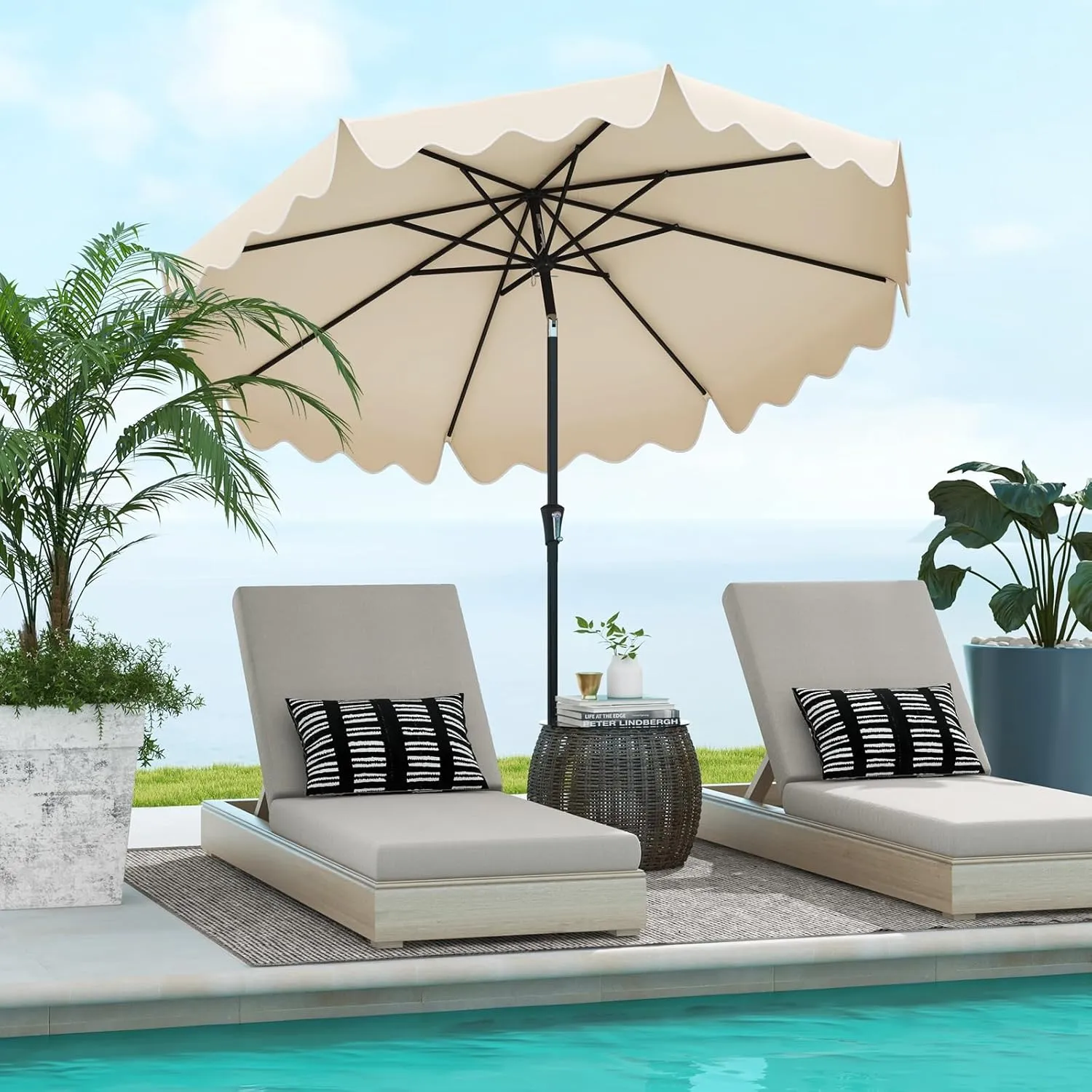 Tangkula 9Ft Patio Umbrella with Crank, 2-Tier Outdoor Umbrella with Push Button Tilt, Sun-Protective Canopy, 8 Ribs, Scalloped Patio Umbrella for Outdoor Beach Deck Pool Table (Beige)