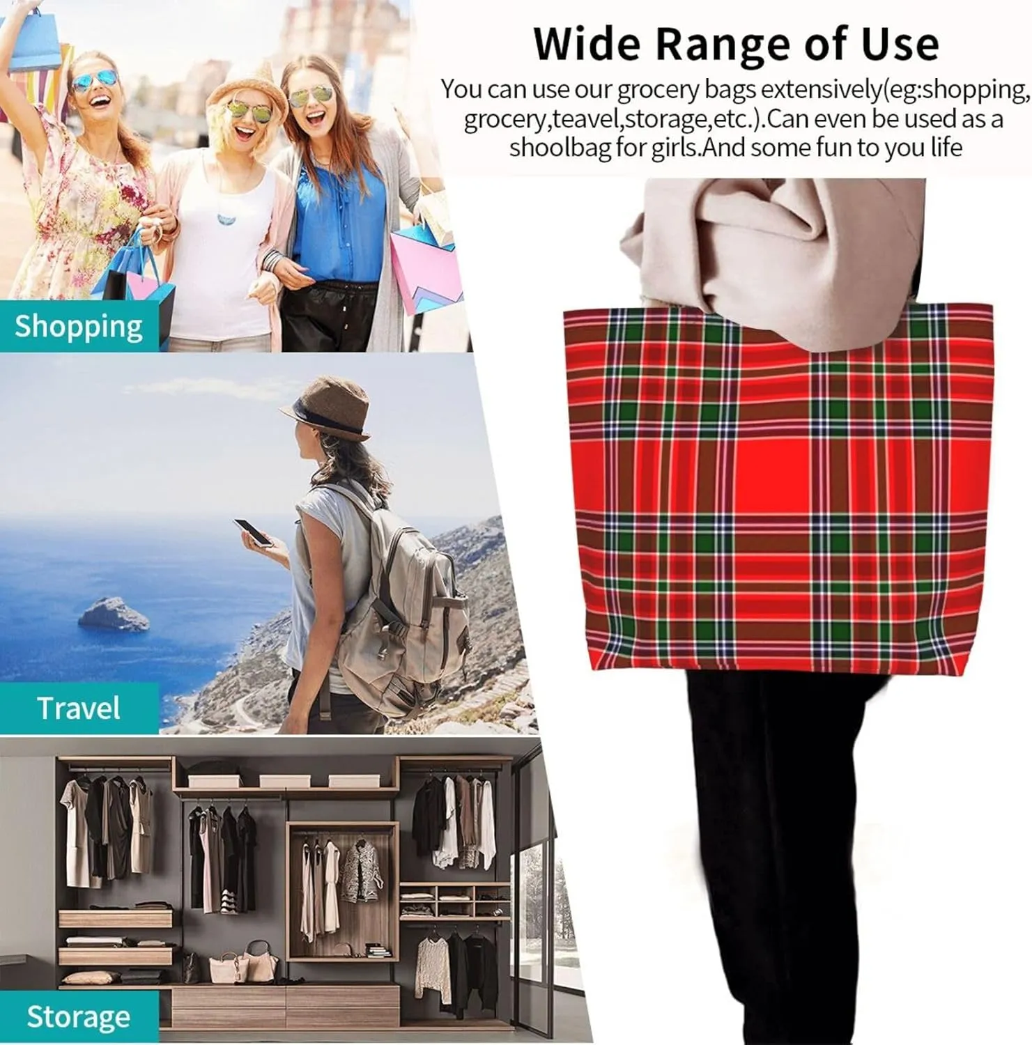 Tartan Tote Bag For Women Weekender Travel Bag Reusable Grocery Bags Large Totes Handbags