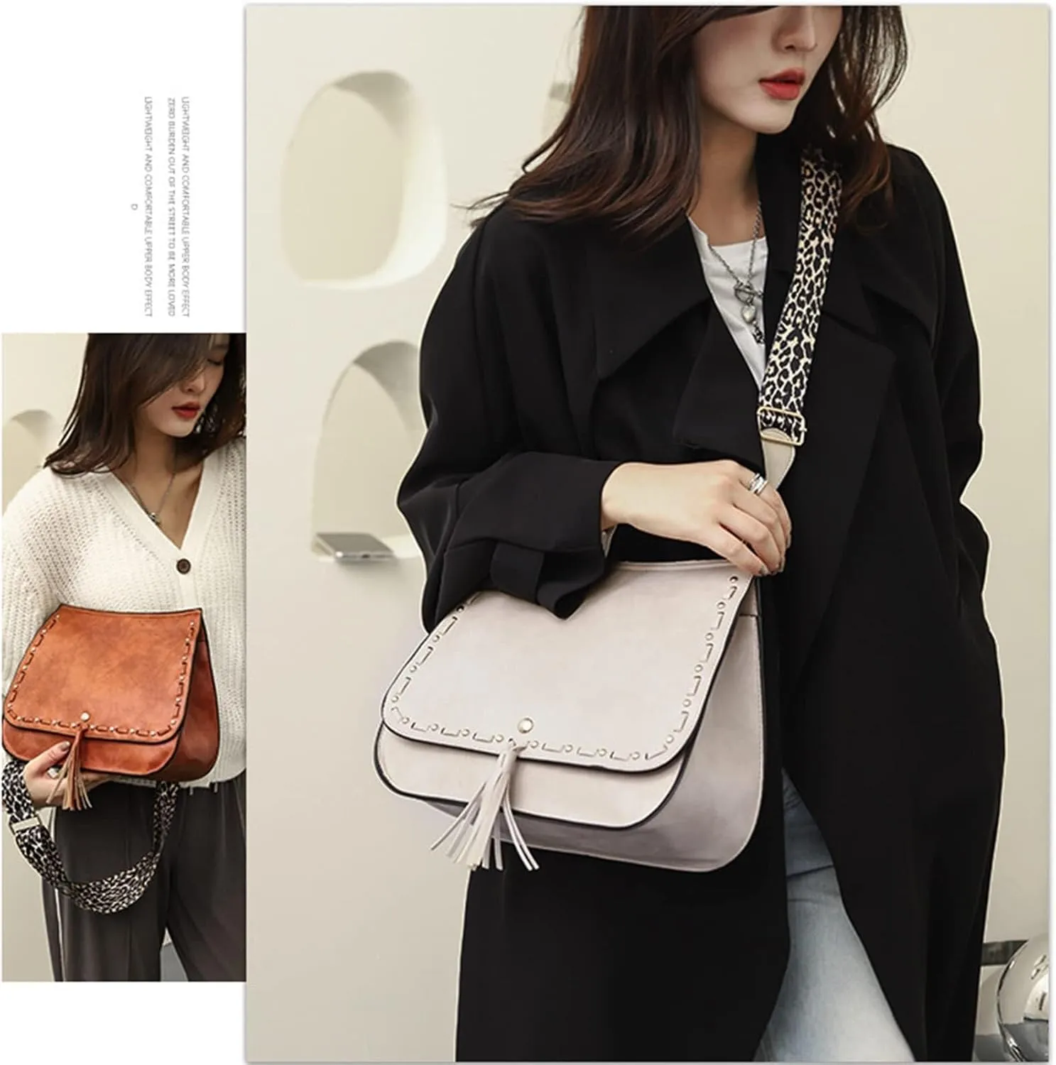 Tassel Design Handbags Vintage Satchel Purse Women Shoulder Crossbody Purse with Wide Guitar Strap