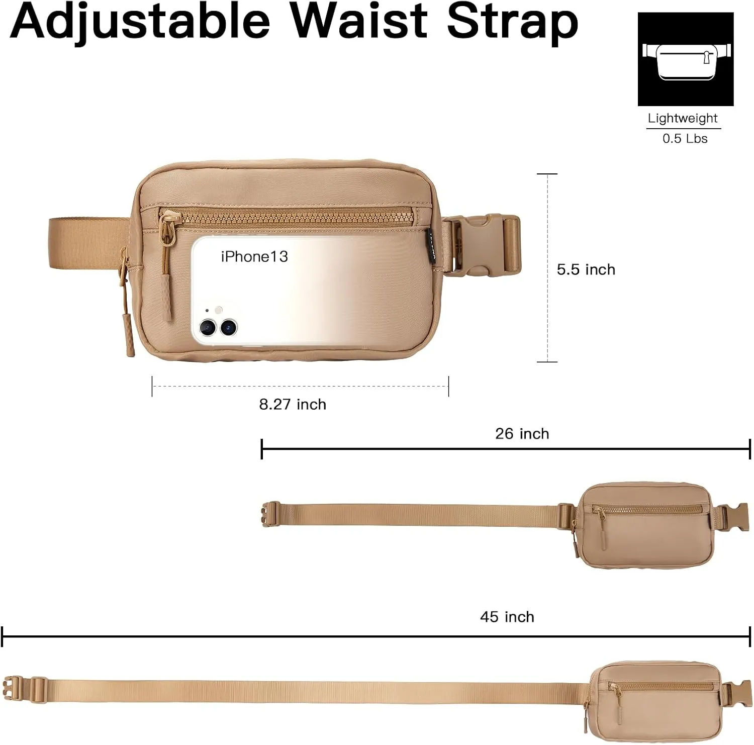 Telena Fanny Packs Crossbody Belt Bag Cross Body Bag Fashionable for Women with Adjustable Strap Light Brown
